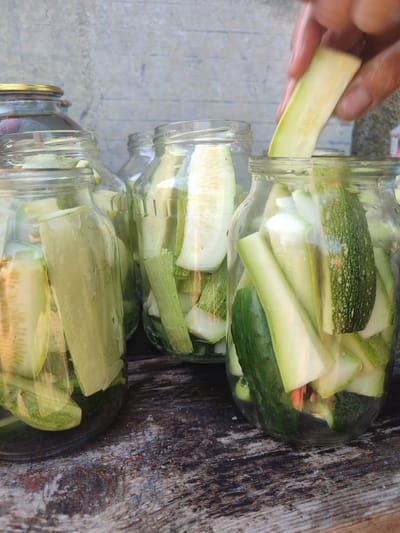 A person's hand is adding a sliced cucumber to a glass jar filled with other cucumber slices. The jar is one of several on a rustic wooden table. The background is a textured, light-colored wall. The scene is outdoors, suggesting a preparation for preserving food. The location is identified as Novosamarka, Ukraine.