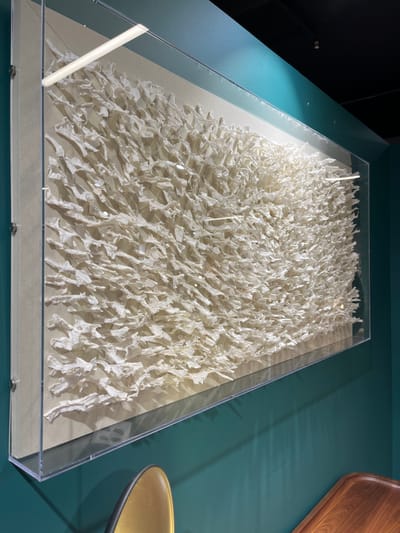 A rectangular transparent case contains a dense arrangement of small, white, origami-like sculptures. These appear to be evenly spaced and oriented in a similar direction, creating a textured, possibly organic, pattern. The case sits on a flat, green surface. A partially visible wooden tray and a small, golden dish are positioned next to the display case. The lighting is bright, with visible reflections on the surfaces.