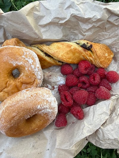 The image shows a selection of pastries and raspberries on crumpled brown paper, likely a takeaway container. The pastries include a twisted chocolate pastry and two powdered sugar-covered donuts. There are about 20 raspberries piled together. The background shows a glimpse of green vegetation, possibly grass or clover. The image suggests a casual outdoor setting and food purchased for consumption, but the context of High Wycombe, United Kingdom is not directly visible in the image. No people are visible in the photograph.
