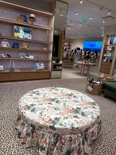 The image shows the interior of a store in Sunrise, United States of America. A round ottoman with a floral pattern and a ruffled edge is the prominent feature, sitting on a floor covered with an animal print rug. Near the ottoman, there's a wicker basket with shoes inside.

In the background, there are shelving units displaying various items like handbags, hats, and framed pictures. A large television screen hangs on the wall, and a group of people can be seen standing near it.