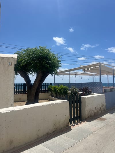 This media file captures a sunny outdoor scene in Sant Pol De Mar, Spain, featuring a mix of natural elements and urban architecture.
In the mid-ground, a prominent, mature tree with a thick, gnarled trunk and lush green foliage stands, its branches extending upwards and to the left. A white, weathered wall or barrier runs across the foreground, with the dark number "4" clearly visible on its left side. Behind this wall and the tree, a dark wooden slatted fence provides a boundary, beyond which glimpses of the blue sea are visible, indicating a coastal setting.
Above the fence and sea, an outdoor terrace or dining area is visible. It features a light-colored retractable awning supported by metal structures, with decorative string lights hanging underneath. Various potted plants and green shrubs are scattered throughout this area, adding to the verdant feel.
To the right, a paved sidewalk or pathway made of grey and reddish-brown tiles runs vertically, displaying sharp, elongated shadows, suggesting strong sunlight from an unseen source to the right. The sky, occupying the upper portion of the image, is a bright, clear blue with scattered, fluffy white cumulus clouds. Several thin, dark power lines or utility wires crisscross against the sky, particularly in the upper left.
The scene is static, devoid of people or specific events, and conveys a peaceful, bright daytime atmosphere. The time of day appears to be late morning or early afternoon, characterized by the intense sunlight and well-defined shadows.