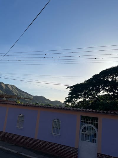 The image depicts a view of a street in Villa de Cura, Venezuela, with a purple wall in the foreground. The wall has two windows with white bars and a white metal gate. Above the wall, power lines stretch across the clear blue sky. In the background, a large tree with dark green foliage is silhouetted against the bright sky, and a mountainous landscape is visible. The street appears to be paved, with a brick wall bordering the property. The overall scene suggests a residential area in a sunny climate.
