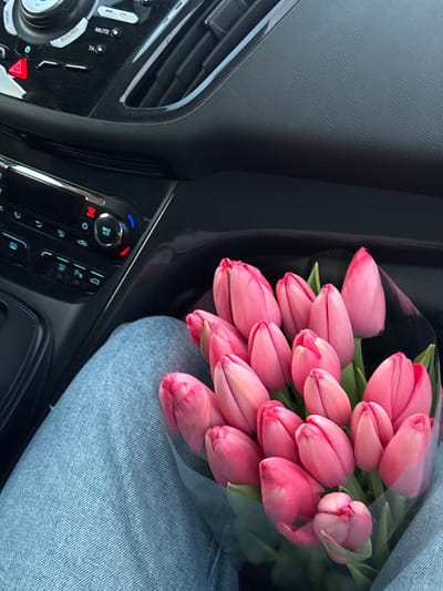 This image depicts a scene located in the city of Slavyansk-na-Kubani, Russia, inside the passenger compartment of a vehicle. The lower half of a person's body is visible in the lower left quadrant, wearing light blue denim jeans. Resting directly on the person's lap is a large bouquet of approximately 20-25 closed pink tulip flowers, wrapped in a translucent, possibly clear, plastic film. The upper right and center portions of the frame reveal the black interior dashboard and central console of the vehicle. Visible components of the console include a red illuminated hazard light button, a silver-trimmed dial with "MAX A/C" labeling and red/blue indicators, various black buttons (e.g., "MUTE," "TA," "P"), and horizontal air vents. The vehicle's interior is predominantly dark, suggesting black or dark gray materials. No active actions or explicit interactions are observed beyond the placement of the floral bouquet.