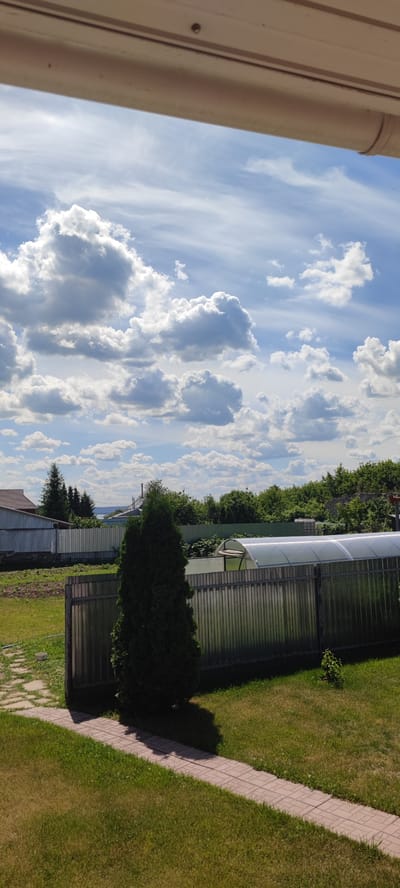 The image depicts a suburban outdoor scene on a sunny day with a partly cloudy sky. In the foreground, a neatly mowed green lawn is bisected by a light-colored paved pathway. A tall, dark green evergreen tree stands to the left of the pathway, casting a shadow.
Behind the tree and pathway, a corrugated metal fence runs horizontally across the mid-ground, separating the foreground from the background. To the right of the fence, a long, arched greenhouse with a transparent roof is visible. A small green plant grows near the fence to the right.
The background features more vegetation, including leafy trees and shrubs, as well as distant structures that appear to be houses with metal roofs. In the far distance, a body of water and a slightly hazy horizon are discernible. The sky is a vibrant blue, dotted with numerous white, puffy clouds, some of which are quite large and appear to be gathering.
The image is taken from a slightly elevated perspective, looking down and across the yard. The scene appears to be located in the village of Iksoye Ustye, Russia, based on the provided context. There are no people or animals visible in the image. The overall impression is one of a well-maintained residential property on a pleasant day.