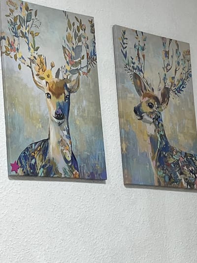 Two framed abstract paintings of deer are displayed on a textured white wall. The paintings are oriented vertically and are hung side-by-side. The deer in both paintings have antlers adorned with colorful floral and leafy motifs. The painting on the left is slightly larger and features a deer looking directly at the viewer. The painting on the right shows a deer in profile, looking to the left. A small, pink star sticker is visible on the bottom left corner of the left painting. The background of the paintings is abstract, with muted tones of grey, yellow, and blue. The wall exhibits a rough, stucco-like texture.