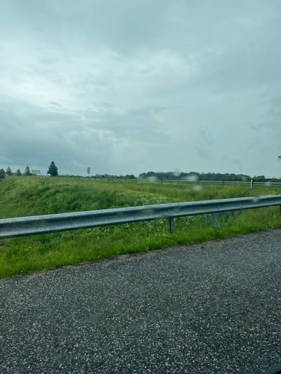 The image shows a roadside view with a guardrail in the foreground, separating a grassy embankment from an asphalt road. The embankment is covered in green grass and wildflowers, with a few trees visible in the distance. The sky is overcast and appears to be a dull grey, suggesting a cloudy or rainy day. There are no people or vehicles visible in the image, and the scene appears to be in a rural or semi-rural area. The location is identified as Oru, Estonia.