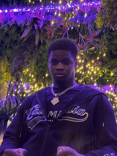 An adult male with dark skin and short, dark hair is positioned centrally in a medium-close shot, looking directly towards the camera with a neutral expression. He wears a dark-colored, likely black, zip-up hooded sweatshirt with white script lettering across the chest that partially reads "Calabria" and "MILANO," over a dark t-shirt. A prominent, silver-toned, diamond-encrusted Cuban link chain with a large, diamond-encrusted pendant shaped like a crown over a diamond outline hangs around his neck. His hands are visible at the bottom of the frame, partially clasped. The background features a vibrant wall or vertical surface densely covered with various artificial green foliage, including ferns and other leafy plants. Integrated within the foliage are numerous small, glowing LED lights, predominantly yellow-orange, with distinct sections displaying purple illumination, creating a festive ambiance. This scene is situated in the city of Stornara, Italy.