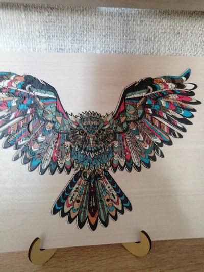 This media file features a close-up, eye-level shot of a wooden jigsaw puzzle depicting a vibrantly colored owl with its wings spread wide. The owl's design is intricate and stylized, with a mosaic of geometric shapes and patterns in shades of blue, teal, pink, orange, brown, and black. The puzzle is placed on a light-colored wooden surface, and two small, curved wooden stands are visible supporting the puzzle from the bottom. The background above the puzzle is a textured surface with a repeating pattern in light grey and white. The lighting appears to be natural, suggesting it is daytime. There are no people or specific location cues visible, beyond the general context of a puzzle on display. The overall mood conveyed is one of artistry and detail. The file originates from Zhabinka, Belarus.