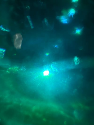 The image is an abstract, out-of-focus shot with strong bokeh effects, featuring various light refractions and blurs in shades of green and teal. There are no discernible people, subjects, objects, actions, or interactions that can be identified. The environment is not identifiable as any specific location, including Branipole, Bulgaria.