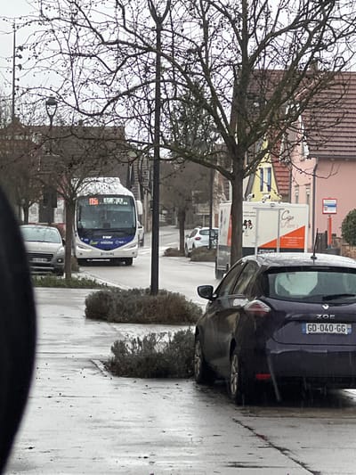The image captures a street scene in Meistratzheim, France, under overcast weather conditions, with wet pavement indicating recent or ongoing precipitation.
In the immediate foreground, a dark, out-of-focus object occupies the lower left corner. On the right, a dark purple Renault Zoe hatchback (license plate GD-040-GG) is parked on a wet paved surface, its rear-passenger side visible. Adjacent to the parked car are several low, sparse, brown-green shrubs within circular planters on the sidewalk.
In the midground, a white and blue Inzar (Irizar) bus, displaying "257" as its route number and license plate DD-560-MG, travels on the wet asphalt road, approaching the camera. Behind the bus, a silver Peugeot car (license plate DD-335-GP) is parked on the left side of the road. To the right of the bus's path, a white commercial trailer or food truck, branded "Cigo Pizz's" and "SPECIALISTE DE PIZZAS," is parked facing away from the camera, revealing its right side and several small dome cameras mounted on its roof.
The environment features multiple bare deciduous trees with thin branches lining the street and sidewalk. In the background, residential buildings with pitched roofs, including a light pink house and a light yellow house, are visible. A red and blue bus stop sign is present on the far right side of the image. No individuals are visible within the frame.