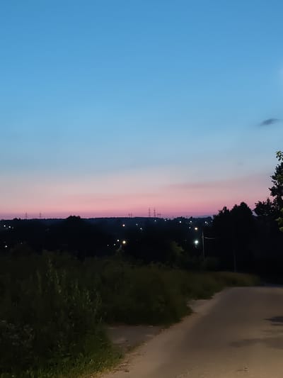 A twilight scene depicts a gradient sky transitioning from clear blue at the top to soft pink and purple hues near the horizon. Silhouetted against the colorful sky is a distant treeline, punctuated by the skeletal frames of power line pylons and scattered lights from a settlement. In the foreground, a dirt road curves towards the right, bordered by lush, dark green vegetation. The overall atmosphere is serene and peaceful, indicative of the end of the day in a rural or semi-rural setting. The time of day is clearly dusk or early evening, and the weather appears clear. There is no visible text in the image.