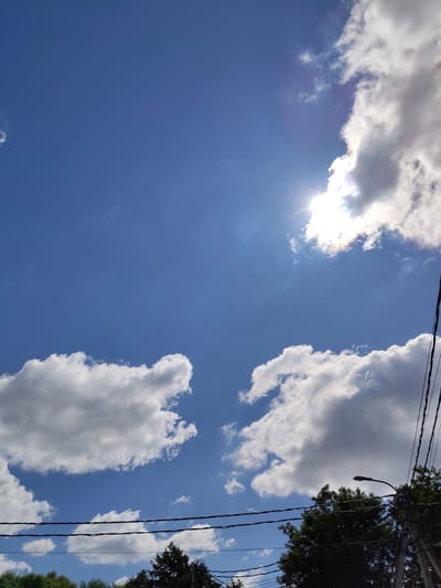 A bright, clear blue sky dominates the upper portion of the image. Sunlight shines through the upper right quadrant, partially obscured by several large, fluffy white clouds. The lower portion of the image features a dense line of dark green trees silhouetted against the sky. Several black electrical wires are strung horizontally across the frame, intersecting the trees and clouds. On the far right, a street lamp on a pole is visible among the trees. The image appears to be taken from a ground-level perspective, looking upwards.
