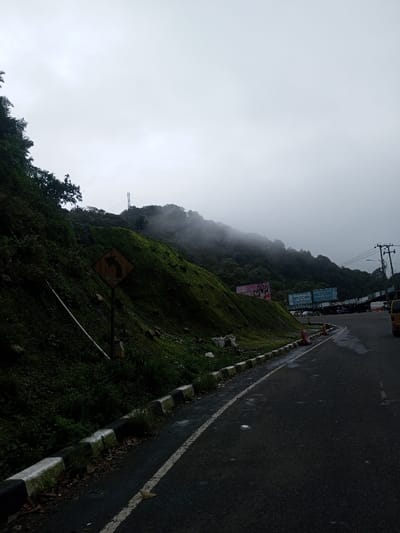 The image captures a road scene in Bangtsho, Bhutan, under an overcast sky with dense fog obscuring distant hills. The asphalt road, appearing wet, curves to the right from the foreground. On the left, a steep, densely vegetated hillside covered in dark green foliage rises immediately adjacent to the road. A weathered, yellow diamond-shaped road sign displaying a black left-turn arrow is visible on the slope, approximately midway up and slightly left of center. White pipes or conduits run diagonally down the lower part of the hillside. The road is bordered by black and white striped concrete kerbs, separating it from the hillside.
In the mid-ground, to the right of the road's curve, a wider paved area is visible, suggesting an intersection or commercial pull-off. Several vehicles, including vans and a yellow truck, are parked or moving in this area. Two large billboards with colorful advertisements, one predominantly pink and the other blue, are positioned on a lower embankment beyond the road on the right. Power poles and overhead lines are present along the right side of the scene. The upper portions of the hills in the background are completely enveloped in thick mist or clouds, with a faint, tall structure, possibly a transmission tower or bridge pylon, dimly discernible through the fog on a distant peak. No individuals are visible.