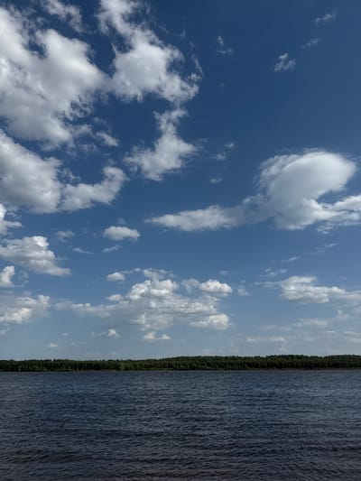 A landscape shot shows a body of water occupying the right half of the frame, its surface rippled by wind. The left half is dominated by a blue sky with scattered white clouds. A dense line of green trees separates the water from the sky. The image is taken in a location that is possibly Doksha, Russia. No people or specific objects beyond the natural elements are visible.