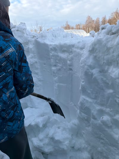 An outdoor scene in Уром, Russia, captures a person from behind engaged in snow removal. The individual wears a blue and black patterned winter jacket, dark pants, and a grey or patterned head covering. They hold a shovel with a dark metal blade and a wooden handle, positioned downward towards a substantial snow accumulation. The foreground and midground are dominated by a deep trench or pathway carved through tall, packed snow walls, indicating significant snowfall. In the background, beyond the snow structures, leafless trees are visible under a partly cloudy sky, with a white, arched greenhouse-like structure partially discernible in the far distance.