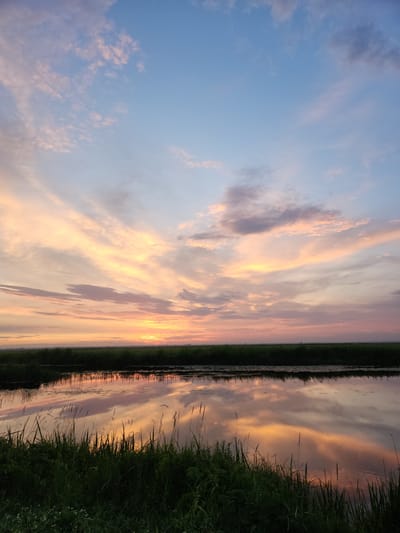 The image depicts a serene natural landscape at sunset. The sky is a canvas of soft blues, pinks, and oranges, with wispy clouds reflecting the warm hues of the setting sun. A calm body of water, likely a river or a lake, occupies the lower half of the frame. The water mirrors the vibrant colors of the sky and the silhouettes of distant vegetation. The foreground is lined with lush green grass and reeds, adding texture and depth to the scene. The location is identified as Atameken, Kazakhstan, suggesting a rural or natural setting within or near the city. There are no people or animals visible in the image, emphasizing the tranquility of the environment.