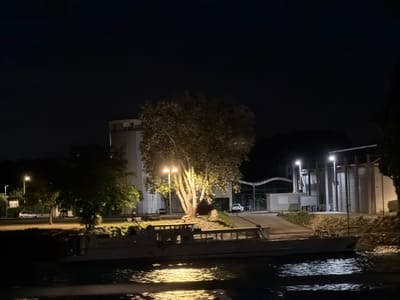 The image depicts a night scene along a body of water, likely a river or canal, in Oullins-Pierre-Bénite, France. A long, white passenger boat is moored on the water in the foreground, its lights reflecting on the rippling surface. The boat appears to have a covered seating area with windows.
The background shows a well-lit embankment with trees and a building complex. A large, mature tree with a broad canopy is prominently featured, illuminated by streetlights. Several other trees are visible, some casting shadows. On the embankment, there is a pathway or road, and a white car is parked on the left side, along with a streetlight. Further back, a modern building with a metallic facade and multiple windows is visible, along with another white car in front of it. The overall atmosphere is calm and serene, illuminated by artificial lights against the dark night sky.