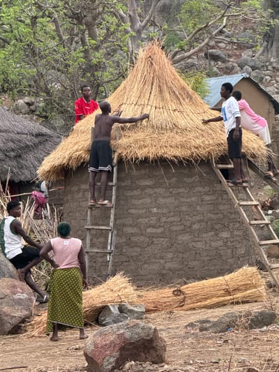 A group of people are engaged in the construction or repair of a traditional mud and thatch house in what appears to be a rural, rocky environment in Dawaki, Nigeria. The image captures a collaborative effort, with individuals positioned at various levels around the structure.
On the golden-straw thatched roof, a man in a white and blue shirt and black shorts works on arranging the thatch. Behind him, a woman in a pink top and white skirt is also on the roof. Below them, leaning against the textured mud wall of the house, a shirtless man in black shorts with white stripes stands on a wooden ladder, tending to the roof's edge. Another man in a red t-shirt stands on the ground to the left, observing the work.
To the right, a woman in a pink t-shirt and a green patterned skirt stands on the ground, near a stack of dry straw bundles intended for the roof. Next to her, another person in a white tank top with green trim is seated amongst large rocks and dry vegetation. Partially visible hands and figures suggest other individuals are involved in the communal task.
The setting includes scattered large boulders and rocks, with sparse trees featuring green foliage in the background and to the left. Another smaller structure with a corrugated metal sheet roof is visible further up the hillside, and an older thatched roof is in the lower left corner. The lighting suggests it is daytime, under clear skies. On the back of the woman's pink t-shirt on the right, the phrase "GOD IS GOOD" is partially visible. The scene conveys a sense of diligent community work.