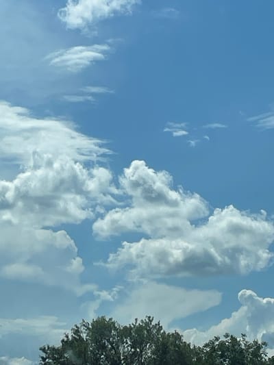 The scene depicts a bright, clear daytime sky with a significant presence of cumulus clouds. The sky is predominantly a vibrant blue, exhibiting slight variations in hue that suggest atmospheric depth. White, fluffy cumulus clouds of various sizes and densities are scattered across the frame, with some appearing more concentrated and layered towards the lower-middle section of the image, while others are smaller and more dispersed in the upper regions. The clouds exhibit distinct highlights and shadowed areas, indicating direct sunlight and volumetric form. The very bottom edge of the image reveals the dense, dark green foliage of treetops, suggesting an underlying landscape featuring vegetation. No people, animals, man-made structures, or identifiable landmarks are visible within the frame. The scene is located in the city of Orizari, Bulgaria.