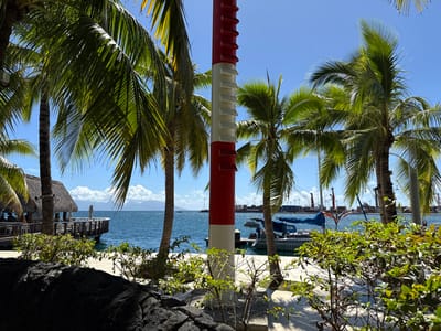This image captures a bright, tropical waterfront scene in Papeete, France, under a clear blue sky with direct sunlight.

In the immediate foreground, a dark, irregularly shaped rock barrier occupies the lower left corner, giving way to various green, leafy bushes that stretch across the lower mid-ground. A prominent red and white striped pole stands vertically on the right side, partially obscuring the background.

The mid-ground features a paved pathway leading to the water's edge. On the left, a thatched-roof structure, resembling an open-air restaurant or bar, extends over the water on wooden stilts. Several indistinct figures are seated at tables within this structure. A wooden pier runs from this building into the harbor. The water is a deep blue, exhibiting calm conditions. Moored in the water near the red and white pole is a light-colored boat with a blue cover, with other smaller vessels partially visible further out. Several palm trees with vibrant green fronds are strategically placed throughout the scene, framing the view.

The background shows distant, hazy mountains topped with scattered white cumulus clouds across the water. To the far right, a busy port area is discernible, characterized by numerous industrial cranes and cargo vessels, suggesting active shipping operations. The overall environment is a blend of natural tropical beauty and a functional urban port.
