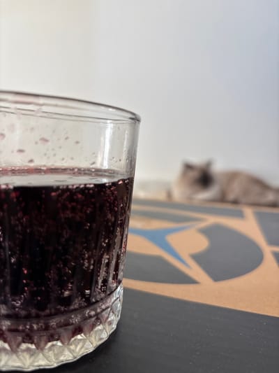 This image depicts an indoor scene in Mu'adammiyat ash-Sham, Syria. In the foreground, a clear glass tumbler, vertically ribbed with a diamond-cut base, is filled with a dark red, carbonated beverage exhibiting numerous small bubbles adhering to its interior surface and rising to the liquid's top. Minor liquid droplets are visible on the exterior upper rim of the glass. The glass rests on a dark, flat surface. In the blurred background, a light-colored cat with darker points, possibly a Ragdoll or Siamese type, is lying down on a surface that features a brown and black patterned design with distinct blue abstract shapes, resembling a portion of a skateboard deck or similar object. The uppermost part of the image shows a plain white wall or background. No individuals are present, and no overt actions or interactions are depicted beyond the static arrangement of objects.