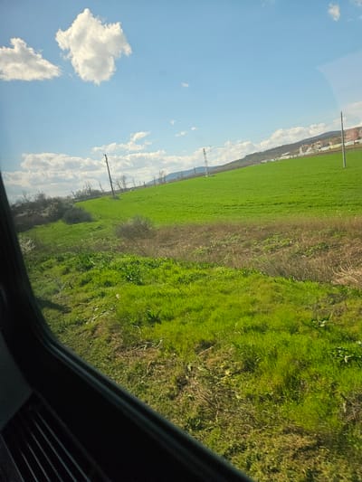 A tilted shot from inside a vehicle shows a verdant field meeting a blue sky with scattered clouds. Power lines stretch across the sky, running parallel to the field's edge. In the distance, buildings are visible. The image appears to be taken in Topolitsa, Bulgaria, judging by the environment. The vehicle interior's black frame is visible in the foreground.