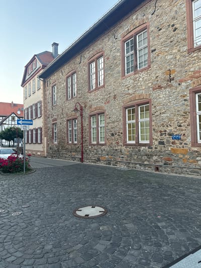 This is a medium shot, outdoor, eye-level, daytime photograph taken in Butzbach, Germany. The image captures a cobblestone street in front of two attached buildings. The building on the right is constructed of rough-hewn stone with a reddish-brown trim around its white-paned windows. A red lamppost stands near the center of the frame. The building to the left is lighter in color and features shuttered windows. A blue street sign indicating "Einbahnstraße" (one-way street) and a bicycle symbol is visible on the left side of the street, along with a bush of red roses and a portion of a white car. The sky is clear and pale blue. A manhole cover is present in the foreground on the cobblestone street.