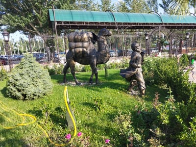 In Kenbulun, Kyrgyzstan, a bronze sculpture depicts a camel laden with goods, possibly for trade or travel, and a figure of a person walking alongside it. Both sculptures are rendered in a weathered bronze finish, suggesting they are part of an outdoor exhibit or monument. The camel stands stoically, its back piled high with what appears to be wrapped cargo. The human figure, to the right of the camel, is depicted in motion, one hand raised towards the face, perhaps in contemplation or exertion. They are positioned on a lush green lawn, dotted with flowering bushes and a solitary evergreen tree to the left. A yellow garden hose is visible on the grass, snaking its way across the frame, implying recent watering or preparation for it. In the background, a decorative metal fence encloses a larger area, beyond which a paved area with parked cars is visible. A green awning stretches over a structure behind the fence, offering shade, and streetlights are mounted on ornamental posts. The overall setting is an outdoor public space, likely a park or garden, with the sculptures serving as a focal point for historical or cultural narrative.