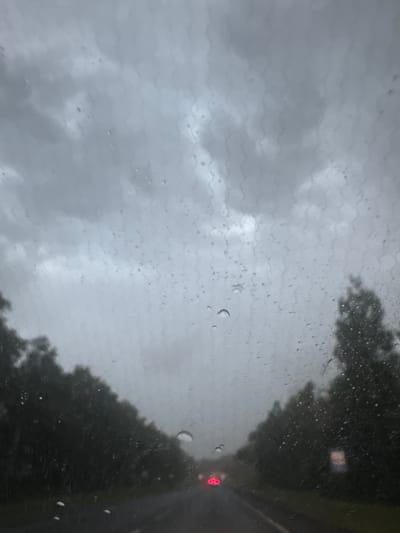 The image is a photograph taken from inside a vehicle driving on a road in Gribtsovo, Russia, during a rainstorm. The windshield is covered in raindrops, distorting the view of the overcast sky and the dark, tree-lined roadside. The road ahead is wet and appears to be a two-lane highway. In the distance, the red taillights of another vehicle are visible. The overall mood of the image is somber and gloomy, characteristic of a rainy day.