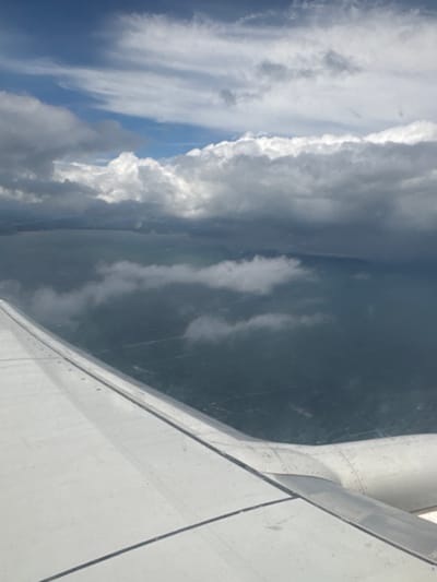 The media file is a vertical, slightly blurry photograph taken from an airplane window, looking out at the sky and the wing of the aircraft.
The main subjects are the vast expanse of clouds and the airplane's wing. The clouds are varied, with bright white, fluffy cumulus clouds interspersed with darker, more ominous storm clouds. Sunlight breaks through in some areas, creating luminous edges on the clouds. Below the clouds, the surface of the earth is visible as a dark, indistinct mass, likely land and water, partially obscured by the clouds. The airplane wing, made of white metal with visible rivets and panel lines, occupies the right side of the frame, extending into the distance.
The scene depicts an aerial view during daylight, judging by the brightness of the clouds and the sky. The weather appears to be mixed, with both fair and stormy cloud formations present. The setting is clearly the interior of an airplane, with the wing providing a strong clue to the perspective. There are no people visible in the image. The overall impression is one of travel and observation of atmospheric phenomena. No text is visible.
