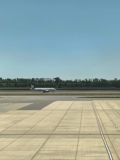 The image shows an Austrian Airlines Airbus A320 taxiing on a runway at Vienna International Airport (VIE) in Schwechat, Austria. In the background there is a line of trees and a clear, light blue sky. The foreground is a concrete tarmac with painted lines and markings. There are no people visible in the image.