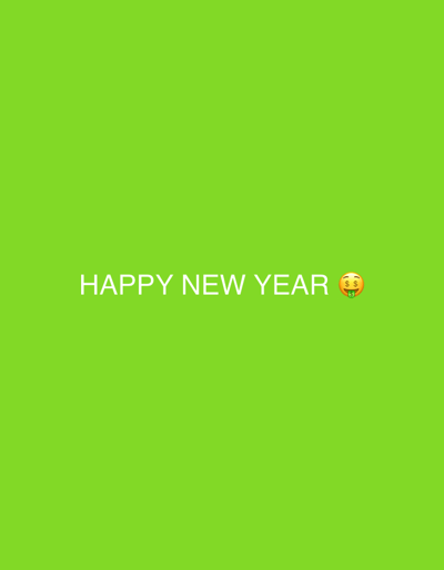 This image is a digital graphic with a solid, uniform lime green background. Centered horizontally in the lower mid-section are the words "HAPPY NEW YEAR" rendered in white, sans-serif capital letters. Immediately following the word "YEAR" is a "money-mouth face" emoji, depicted with dollar signs for eyes and a tongue. The scene is a digital display element, not a physical environment, presented within the context of Okinni, Nigeria. No people, subjects, actions, or interactions are present.