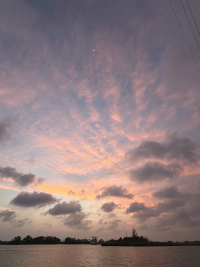 This image captures a serene sunset or sunrise scene over a body of water in Tampico, Mexico. The sky dominates the upper portion, painted with a spectrum of soft, pastel hues. On the left, the sky is a muted purple-blue, gradually transitioning to vibrant oranges, pinks, and yellows on the right, where the sun's light illuminates the clouds.

Various cloud formations are present. Wispy, delicate clouds stretch across the lighter left side, while larger, more defined cumulus clouds, tinged with grays, oranges, and pinks, are scattered towards the right. A thin crescent moon is visible in the upper left quadrant of the sky. Faint power lines can be seen stretching across the top-left area.

Below the expansive sky, a calm body of water, likely a river or lagoon, occupies the lower portion of the frame. Its surface is subtly textured with ripples, reflecting the subdued light from the sky. A dark, continuous line of dense vegetation, likely trees and bushes, forms the horizon, silhouetted against the brighter sky. In the far distance, near the right edge of the water, faint shapes of what appear to be small boats or distant structures are discernible along the shoreline.

The scene evokes a peaceful and tranquil atmosphere, characteristic of dawn or dusk. There is no visible text in the image.