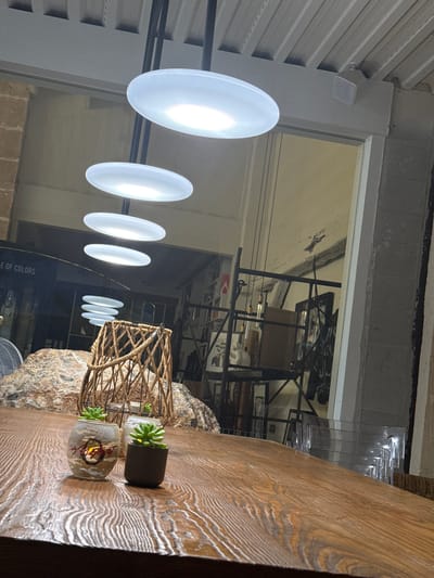 In Port d'Alcúdia, Spain, a dimly lit indoor space features a wooden table in the foreground. On the table, two small potted succulents are visible. Behind the succulents, a woven basket sits on a large, textured rock. Above the table, a series of flat, disc-shaped lights hang from the ceiling. The background reveals a shelf unit with various items, including framed artwork and a white cat figurine. A large opening in the wall leads to another area, with a white speaker mounted on the wall above it. The overall ambiance suggests a commercial or artistic setting.