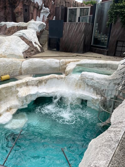 This image depicts a detailed view of an artificial animal habitat, strongly resembling the polar bear enclosure at Ueno Zoo in Taito, Japan. The scene is dominated by a multi-tiered rock and water environment.

In the foreground and midground, large, sculpted structures are visible, designed to mimic brown rocky cliffs partially covered with thick, textured white formations resembling snow or ice. A significant volume of turquoise-blue water cascades from an upper level, forming a waterfall that splashes vigorously into a deeper main pool below. Ripples and white foam are prominent on the water's surface in the splash zone. In a shallower, upper pool on the left, a yellow cylindrical object floats.

To the right, a metal spiral staircase descends alongside the artificial rock formations. In the background, a complex of modern buildings with dark, textured facades and large glass panels are visible, suggesting indoor enclosures or underwater viewing areas for visitors. Some green foliage is present on the right side of these buildings. Further back on the left, additional brown and white rock formations blend into the landscape, with a set of concrete steps visible behind them. Metal grates are integrated into the lower sections of some background structures. In the immediate foreground, thin metal safety cables are strung across the viewing area, indicating a public observation point. No people or animals are explicitly visible in the frame.