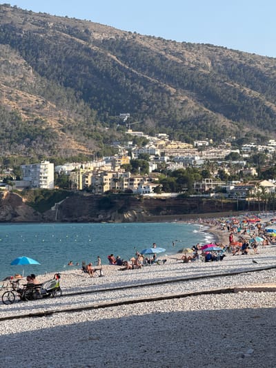 This image depicts a bustling beach scene in l'Alfàs del Pi, Spain, on a clear, sunny day. The photograph is oriented vertically, with the sea occupying the right side and a steep, tree-covered mountain range on the left. A dense collection of white and yellow buildings lines the base of the mountain, overlooking the beach.

The beach itself is populated with numerous people enjoying the seaside. Many are seated on beach chairs or towels under colorful umbrellas, sunbathing and relaxing. Some individuals are wading or swimming in the turquoise water, which is dotted with yellow buoys. Along the edge of the beach, a raised, gravel-covered promenade runs parallel to the water, with more beachgoers and a few bicycles. One person is using a bicycle with a trailer, and another is holding a blue umbrella.

The activity is clearly leisure and recreation on a summer day. The bright sunlight suggests it is mid-day. The clear sky and the presence of many people in beach attire indicate warm, pleasant weather. The combination of the sea, the Mediterranean-style architecture, and the mountainous landscape strongly suggests a coastal location in Spain, specifically l'Alfàs del Pi as context. There is no visible text in the image. The overall mood is one of relaxed enjoyment and summer vacation.