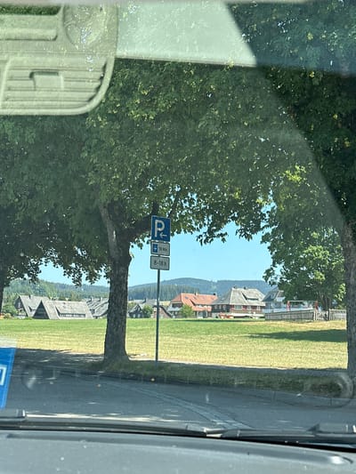 This image shows a street view from inside a vehicle, likely in Hinterzarten, Germany. Through the windshield and side window, a residential area with houses and a grassy field is visible. A large tree with lush green foliage dominates the left side of the frame, casting shadows on the road. In the middle ground, a street sign with a blue "P" and a downward-pointing arrow, indicating parking, is mounted on a pole. Below it, two smaller rectangular signs are stacked. The top sign reads "90 Min.", and the bottom sign reads "8-18h", suggesting a parking time limit of 90 minutes between 8 AM and 6 PM. Houses with dark roofs and light-colored walls are scattered across the landscape, some nestled on a hillside in the background. The sky is clear and blue, indicating a sunny day. The overall scene depicts a calm, daytime setting in a European village. There is some glare on the windshield, suggesting it is a sunny day and the photo was taken from within a car.