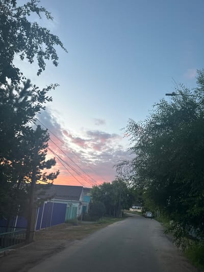 The image shows a rural street scene in Tobyl, Kazakhstan during sunset. A paved road curves into the distance, lined with trees and houses on the right side. The sky is a gradient of soft blues and pinks, with scattered clouds illuminated by the setting sun. Some of the clouds have a fiery orange and pink hue.
On the right side of the road, houses with various roofing materials are visible, including dark gray tiles and lighter blue siding. Power lines run horizontally across the middle of the frame, supported by wooden poles. Trees with dark green foliage dominate the foreground and frame the scene on the left and top. The leaves of some trees are silhouetted against the sky.
In the distance, a car is parked on the side of the road. The overall mood of the image is peaceful and serene, characteristic of a quiet evening in a rural setting. The time of day is clearly sunset, indicated by the colors of the sky. The weather appears clear with some clouds. No text is visible in the image.