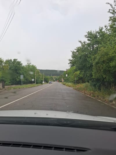 The image depicts a perspective from within a vehicle traveling on a two-lane asphalt road. The road surface appears wet, suggesting recent rain. Dense green foliage lines both sides of the road, with trees extending towards the sky. In the distance, a gentle, tree-covered hill forms the backdrop under an overcast sky. Several cars are visible on the road ahead, moving in the same direction as the viewer. The presence of utility poles and road signs indicates an inhabited area. The dashboard of the vehicle is visible in the foreground, partially obscuring the view. The scene is consistent with a roadside view in Sarantsi, Bulgaria, likely on a cloudy or rainy day.