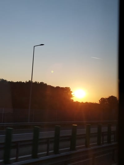 The image captures a sunset over a highway in the vicinity of 1 Decembrie, Romania. The sun, a bright orange orb, is partially obscured by a dense line of trees that form a dark silhouette against the sky. The sky transitions from a pale blue at the top to a warm orange and yellow hue near the horizon. A single streetlamp, silhouetted in black, stands tall to the left of the frame. In the sky, two faint white contrails from an airplane are visible. Below the tree line, a highway is visible with a guardrail. The highway appears to be empty of vehicles. Green posts line the edge of the roadway. The overall lighting suggests the golden hour of sunset. The scene is viewed from a slightly elevated perspective, possibly from within a moving vehicle.
