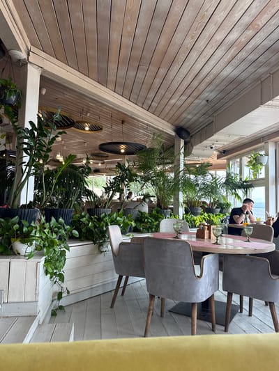 The image depicts the interior of a restaurant in Komarovo, Russia, likely during the daytime. The restaurant features a rustic, nature-inspired aesthetic with extensive use of wood and an abundance of live plants. The ceiling is constructed of light-colored wooden planks, running diagonally across the frame. Several large potted plants, including palm trees and vining plants, are strategically placed throughout the space, creating a lush, green environment.
In the foreground, a circular wooden table is set for a meal with glassware and place settings. Several chairs with gray upholstered seats and wooden legs surround the table. In the midground, a man wearing a black t-shirt is seated at a table by a large window, looking out towards a body of water. He is resting his head on his hands. Other patrons are visible in the background, though their activities are not discernible. The overall atmosphere appears relaxed and airy, with natural light filtering in from the windows. The restaurant is situated near a waterfront, suggested by the view through the windows.