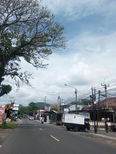 A street scene shows a black asphalt road with a yellow dividing line. Shops line the street with a white truck parked on the right side. A motorcyclist travels along the road in the distance. Overhead, an intricate network of power lines weaves across the sky, punctuated by a streetlight. In the distance, a transmission tower stands near mountains. A large tree with sparse leaves dominates the left side of the frame, contrasting against a cloudy sky.