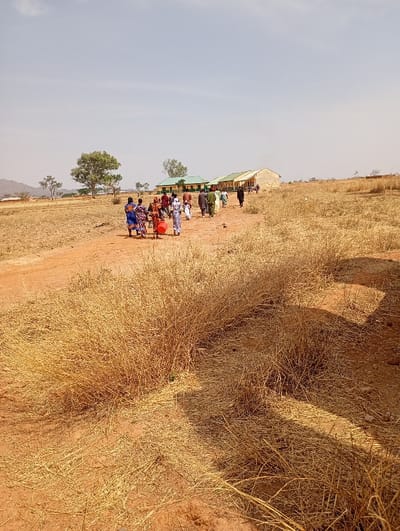 The image depicts an outdoor scene in Pankshin, Nigeria, under a clear, pale blue sky. The foreground and midground are characterized by reddish-brown soil extensively covered with dry, yellowed grass and sparse, bushy vegetation. A prominent dirt path traverses the scene from the lower center, leading towards the background.
Approximately 15-20 individuals are visible walking in a staggered procession along this path, heading towards a cluster of buildings in the distant midground. The individuals are adults, dressed in various colorful, patterned traditional African attire. One individual in the leading portion of the group carries a large, reddish-orange cylindrical object, resembling a drum, on their right hip.
In the background, a series of at least four single-story buildings are visible. These structures feature light-colored walls and have either light green or pale yellow roofs. To the left of these buildings, a single large tree with green foliage stands prominently. Beyond the buildings and the immediate landscape, a range of hazy, distant hills or mountains is discernible against the horizon. The overall environment suggests a dry season in a rural or semi-rural setting.