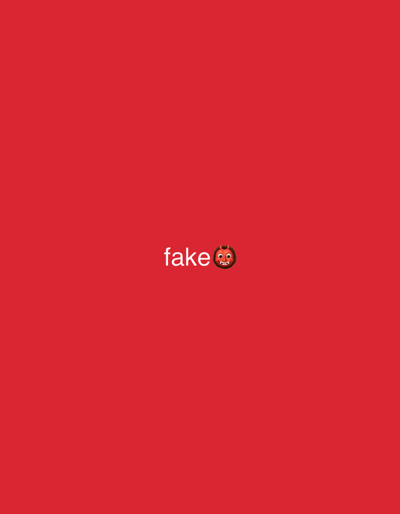 The scene is located in the city of Lipomo, Italy. The image presents a solid, uniform red background. Centered on this red field are two distinct digital elements: the word "fake" rendered in white, lowercase sans-serif text, immediately followed by a red-faced devil emoji (👹) with small horns and an open-mouthed expression showing fangs. No individuals, physical objects, discernable actions, or interactions are depicted within the visual content. The environment is abstract, consisting solely of the red color plane.