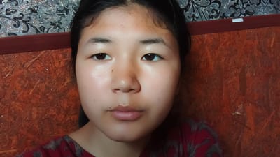 A close-up, chest-up, selfie-style photo shows a young East Asian female. She has dark hair pulled back and is looking directly at the camera with a neutral expression. Her skin is fair with some subtle pink undertones. Her eyes are dark brown and almond-shaped, with thin eyebrows. Her nose is small and slightly upturned. Her lips are full and painted a light pink. She is wearing a dark red shirt with a gray patterned design. The background is divided. To the left, there is a section of textured wallpaper with a dark gray and silver pattern. To the right, and behind the subject, is a wall panel with a rough, reddish-brown texture, possibly wood or particleboard. A thin, dark red horizontal strip runs across the upper portion of the background, separating the wallpaper from the wood paneling. A small, white label is visible on this strip. The lighting is somewhat harsh, creating highlights on the subject's face. The photograph appears to have been taken indoors, likely in a residential setting.
