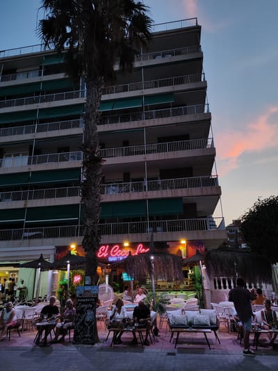 The image captures an exterior view of "El Coco Loco," a bar and restaurant in El Campello, Spain, at dusk. A tall palm tree stands prominently in the foreground, partially obscuring a multi-story apartment building with balconies. The building's facade is light-colored, with green awnings on several floors. Below the building, at street level, the establishment "El Coco Loco" is visible with a neon sign and illuminated seating areas. Numerous tables and chairs, many covered by straw umbrellas, are arranged on a paved outdoor patio. Several people are seated at these tables, engaged in conversation and dining or drinking. Some are silhouetted against the background. The sky displays a soft gradient of blue and pink hues, indicating the twilight hour.