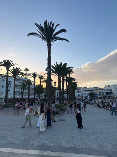 The image depicts a lively scene along a pedestrian promenade in Nerja, Spain, likely during sunset. Tall palm trees line the walkway, casting long shadows. Buildings with white facades and balconies are visible on the left, some with awnings and shops. On the right, more buildings are seen, including restaurants and cafes with outdoor seating. A multitude of people are strolling along the promenade, engaged in various activities such as walking, talking, and sitting. Several individuals are captured mid-stride, dressed in casual summer attire. The sky transitions from a soft orange hue near the horizon to a clear blue, with scattered clouds creating visual texture. The ground is paved with grey cobblestones. The overall atmosphere is one of a popular tourist destination enjoying a pleasant evening.