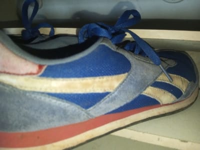 A close-up shot features a blue and gray Reebok sneaker with blue laces. The shoe has a worn appearance with a red stripe along the sole. It sits on what appears to be a shelf or ledge. The Reebok logo, a cream-colored stripe, is visible on the side. The shoe's fabric texture and the faded colors give it a vintage feel.