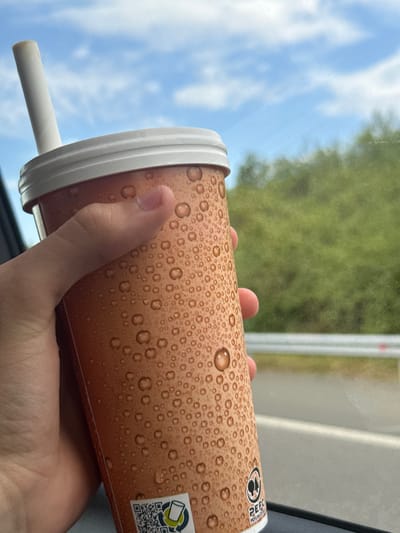 A person's hand holds a condensation-covered, light brown disposable cup with a white lid and a white paper straw. The cup has a textured surface with numerous small, circular water droplets. In the background, a blurred green landscape of trees and a white railing suggests the scene is taking place outdoors, possibly from a moving vehicle. The sky above is blue with scattered white clouds. A small QR code and a PEFC certification logo are visible on the lower portion of the cup. This scene does not depict any specific location in Rupkite, Bulgaria.