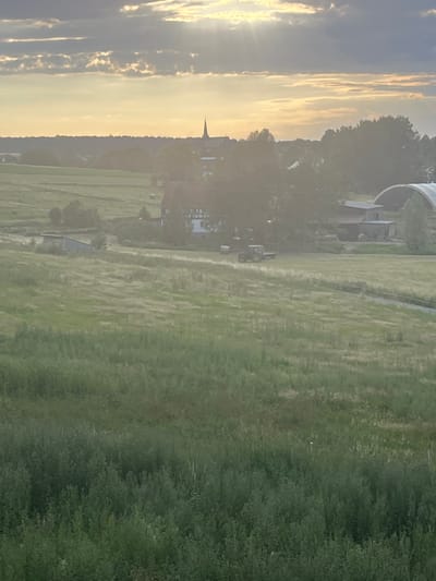 The image depicts a rural landscape with a dramatic sky at sunset. The sun is low on the horizon, casting a warm, golden light across the scene and creating visible light rays. Wispy, elongated clouds are illuminated by the setting sun, contrasting with darker clouds.
The foreground consists of a vast, green field that appears to be a meadow or pasture, with some areas showing lighter, drier grass. In the middle ground, there are scattered trees and a few buildings, suggesting a small village or rural settlement. A prominent church steeple rises above the trees in the distance. To the left of the church, there are more structures, possibly houses or farm buildings. Further in the background, a large, curved white structure, possibly a modern building or an architectural feature, is visible.
The overall atmosphere is peaceful and serene, enhanced by the soft glow of the sunset. The presence of the church steeple and the rural setting suggests the location is likely a small town or village. The time of day is clearly sunset. No people are visible in the image. There is no visible text.